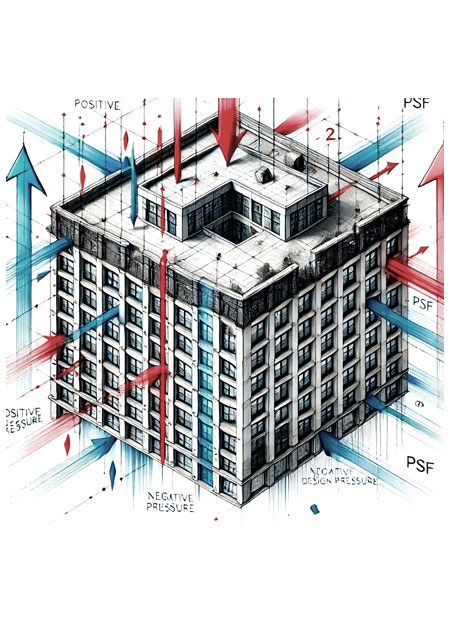 Illustration focusing on the positive and negative design pressures acting on a building.